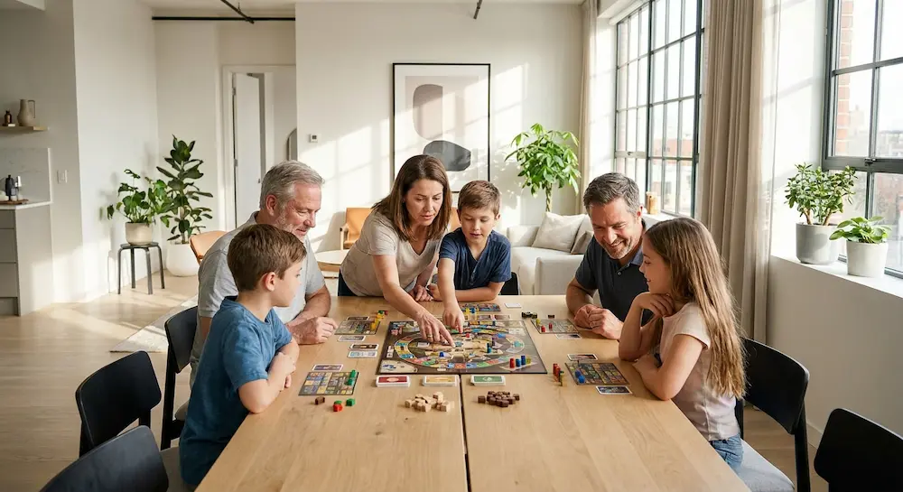Famille multigénérationnelle réunie autour d'une grande table en bois dans un salon lumineux pour jouer à un jeu de rôle.