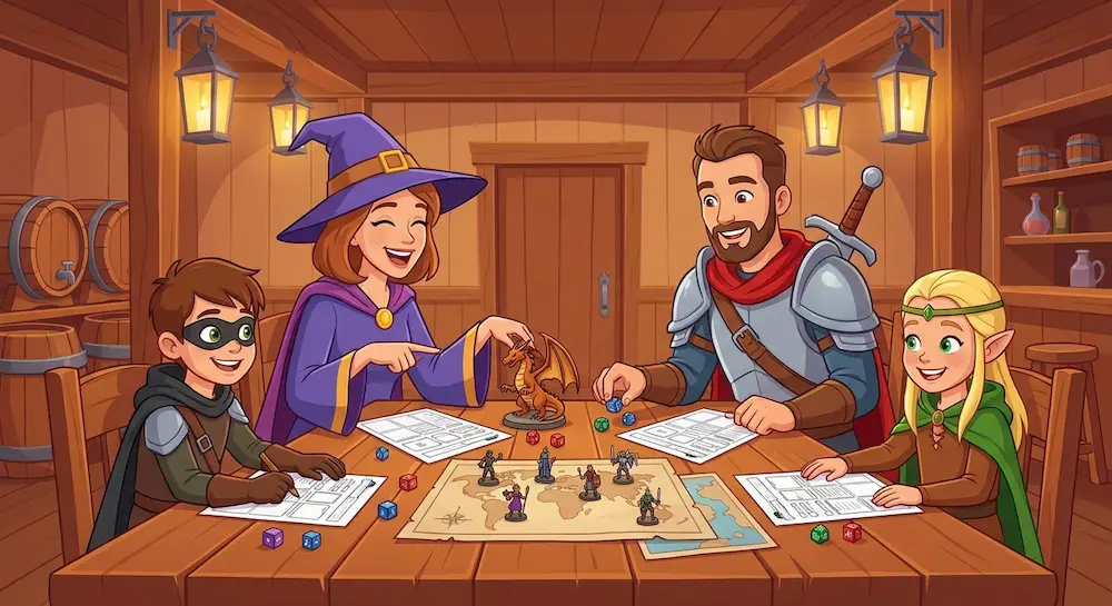 Illustration colorée montrant deux adultes et deux enfants costumés en personnages fantastiques autour d'une table, plongés dans une partie de jeu de rôle.