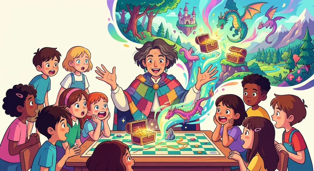 Un meneur de jeu vêtu d'une cape colorée anime de façon magique et animée une partie de jeu de rôle devant un groupe d'enfants émerveillés.