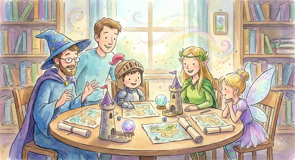 Illustration douce à l'aquarelle mettant en scène deux adultes et trois enfants en train de dessiner des cartes et de jouer dans un univers médiéval-fantastique.