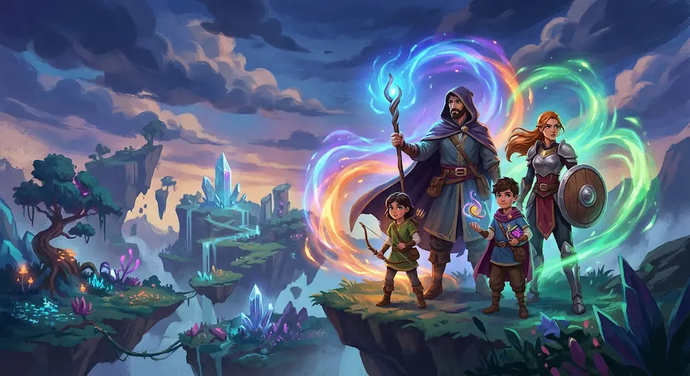 Deux adultes et deux enfants équipés comme des aventuriers de fantasy se tiennent fiers face à un paysage spectaculaire d'îles flottantes et de cristaux magiques.