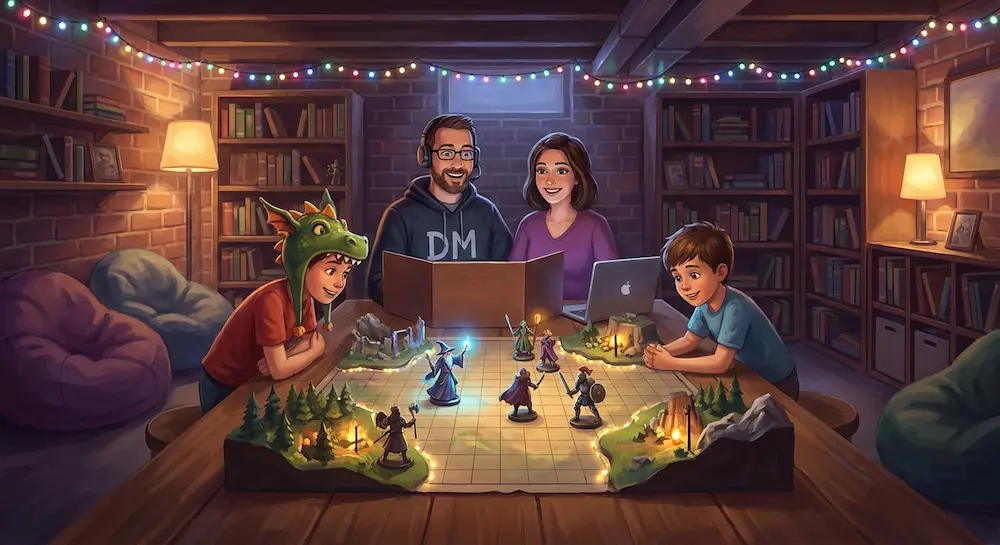 Dans un sous-sol chaleureux décoré de guirlandes lumineuses, deux parents et leurs deux enfants partagent une partie de jeu de rôle sur table avec des figurines.