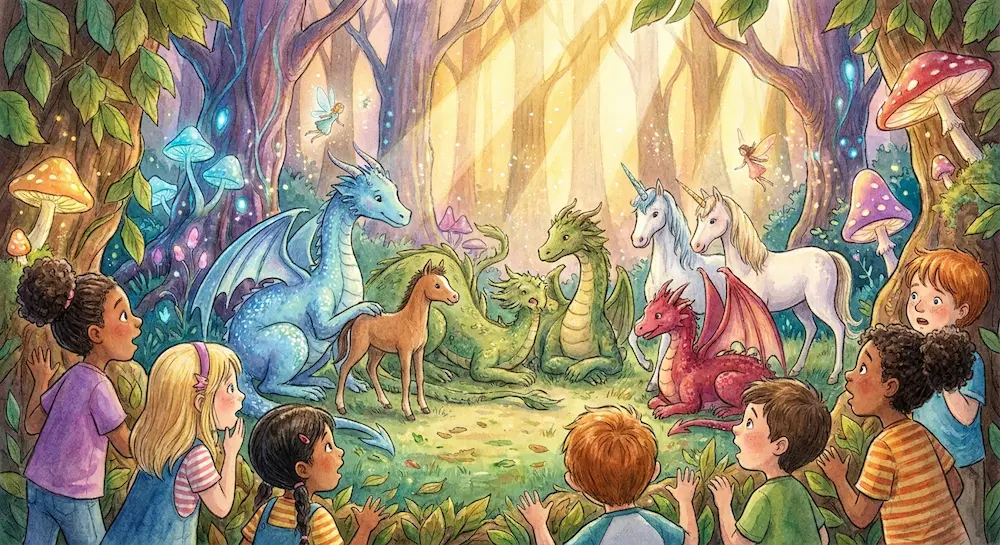 Illustration poétique à l'aquarelle montrant un groupe d'enfants qui découvre avec admiration des créatures fantastiques, dont des dragons et des licornes, au cœur d'une forêt lumineuse.