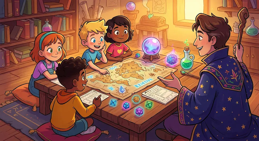 Un jeune meneur de jeu en robe étoilée guide quatre enfants captivés autour d'une carte mystique parsemée de dés et d'artefacts brillants.