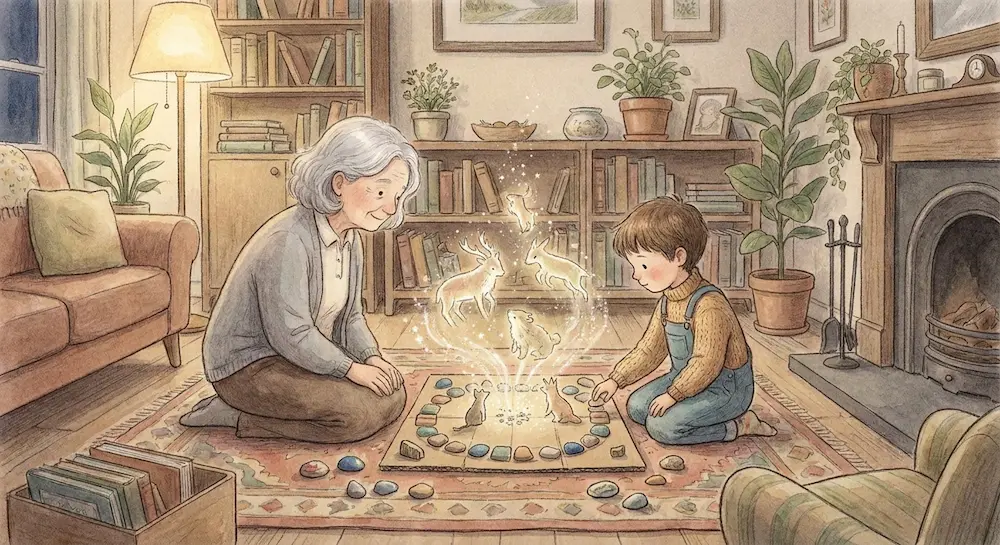 Une grand-mère et un jeune garçon jouent ensemble sur un tapis au coin du feu, tandis que des silhouettes d'animaux lumineux s'élèvent magiquement de leur jeu.
