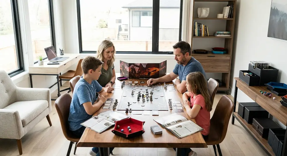 Une famille composée de deux adultes et deux enfants est installée dans une salle à manger moderne pour disputer une partie de jeu de rôle avec des figurines et un écran de jeu.
