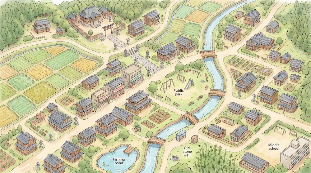 Carte illustrée en vue aérienne d'un village traditionnel japonais pour scénario de JDR avec un parc public, un étang de pêche, un temple et le collège.