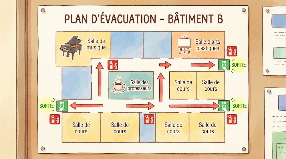 Plan d'évacuation illustré du Bâtiment B du collège montrant l'emplacement de la salle des professeurs, de la salle de musique et des salles de cours.