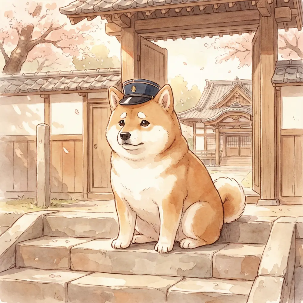 Illustration style aquarelle d'un chien Shiba portant une casquette de gardien, assis devant la porte d'un temple japonais.