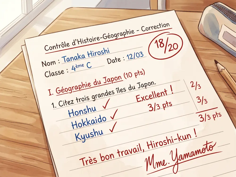 Copie d'examen corrigée en Histoire-Géographie de l'élève Tanaka Hiroshi avec une note de 18 sur 20 et la signature de Melle Yamamoto.