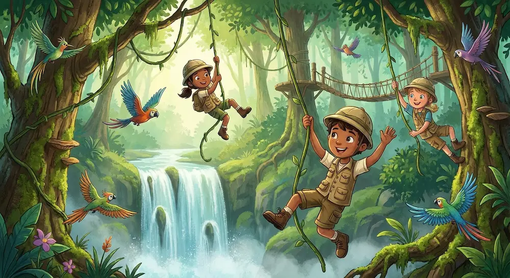 Des enfants explorateurs avec des chapeaux de safari s'accrochent à des lianes près d'une cascade dans une jungle tropicale.