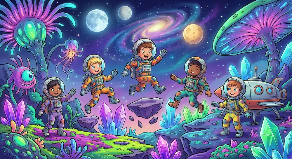 Jeunes astronautes en combinaison spatiale explorant une planète extraterrestre colorée avec des cristaux géants et des lunes en arrière-plan.