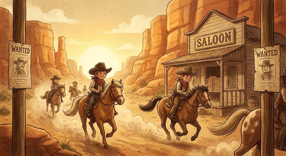 Enfants déguisés en cow-boys chevauchant des chevaux au galop dans le désert devant un saloon typique du Far West.