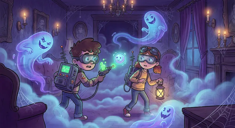 Deux enfants équipés de gadgets futuristes explorent un vieux manoir hanté entouré de gentils fantômes bleus fluorescents.