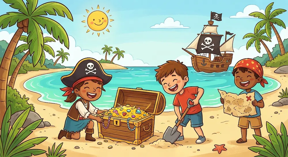 Trois enfants pirates célèbrent la découverte d'un coffre au trésor rempli d'or sur une plage tropicale avec un bateau pirate.