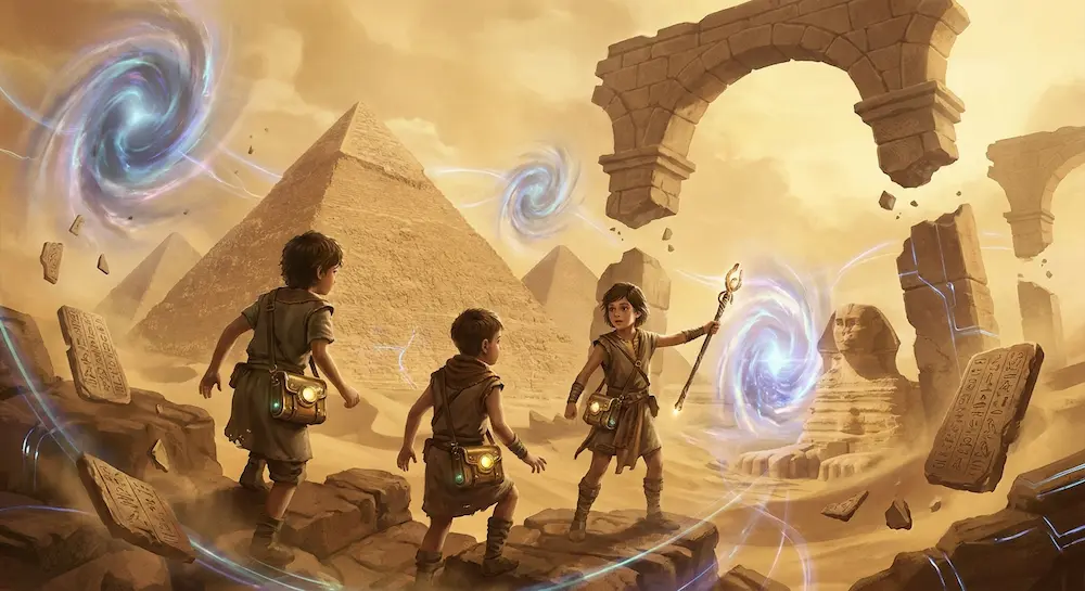 Jeunes aventuriers devant les pyramides d'Égypte ouvrant des portails magiques temporels à l'aide d'un sceptre mystique.