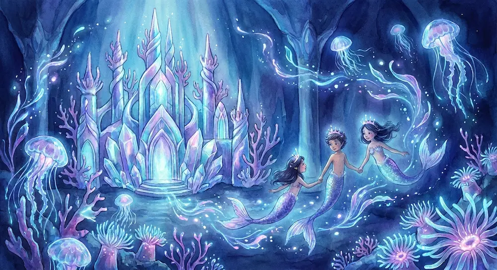 Des sirènes et tritons enfants nageant vers un magnifique château de cristal sous-marin entouré de méduses lumineuses.