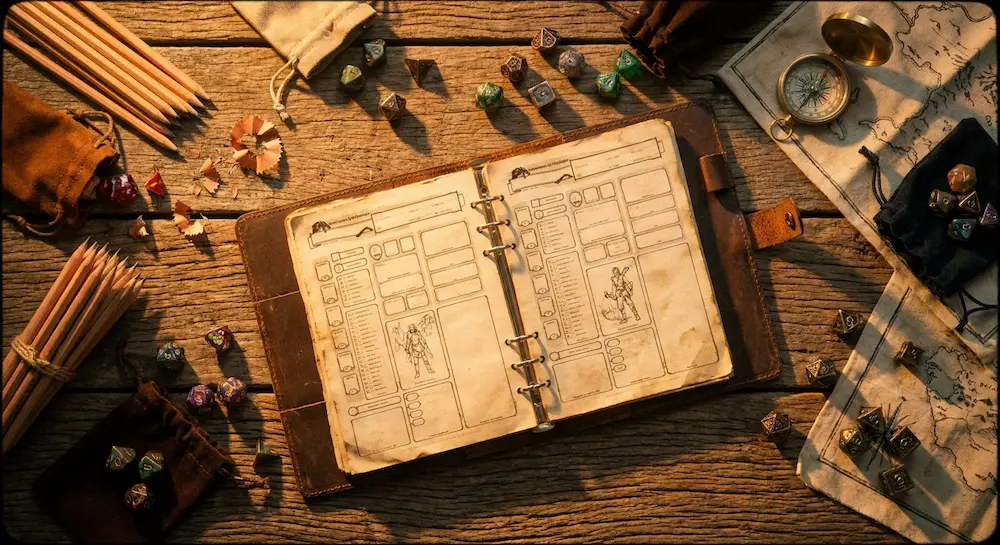 Carnet de notes en cuir ouvert sur une fiche de personnage de JDR vintage avec une boussole.