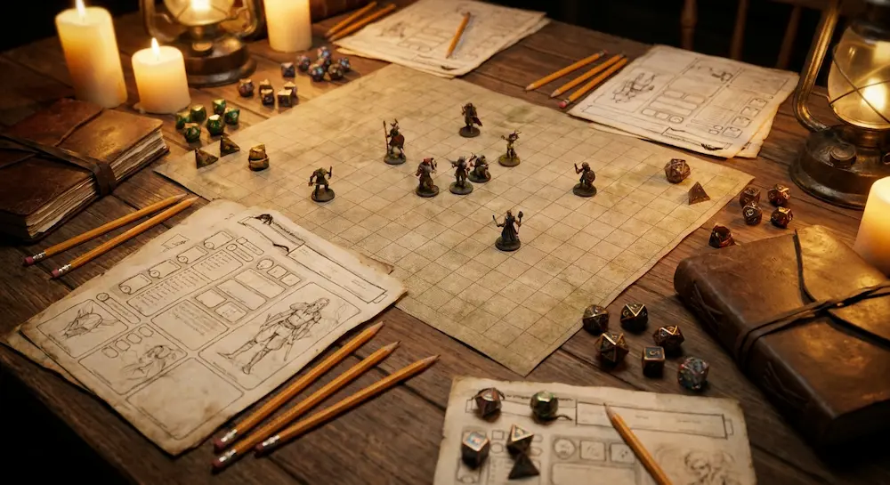 Figurines de JDR sur une carte quadrillée entourée de bougies, crayons et fiches de jeu.
