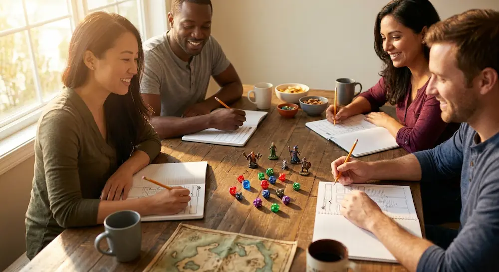 Groupe de joueurs souriants assis autour d'une table en bois pour une session de jeu de rôle.