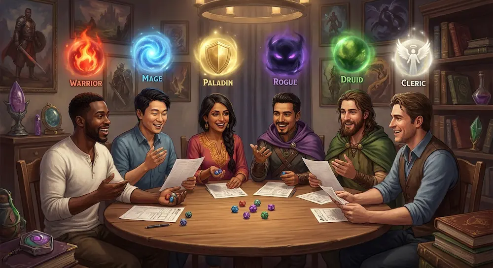 Illustration de joueurs de jeu de rôle choisissant leur personnage comme Mage ou Paladin.