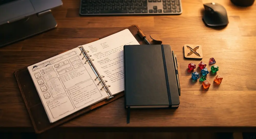 Carnet de notes ouvert, jeton en bois avec une croix et dés multifaces sur un bureau de MJ.
