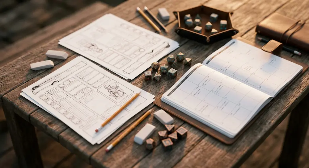 Fiches de personnage de jeu de rôle, dés de JDR et planning ouverts sur une table en bois.
