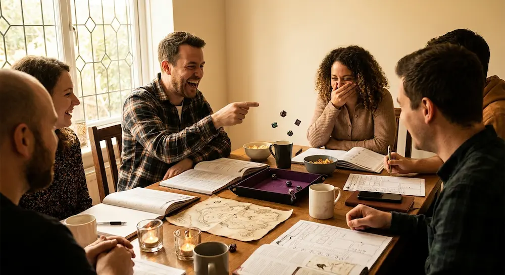 Un joueur de JDR rigole en lançant des dés au-dessus d'une table de jeu avec ses amis.