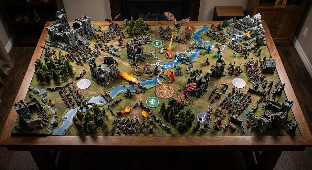 Grand plateau de jeu avec décors miniatures de châteaux, forêts, armées et dragons.