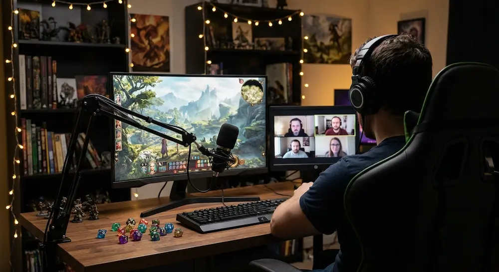 Joueur de dos sur PC avec un micro de streaming, un jeu de rôle fantastique et un appel vidéo avec quatre joueurs.