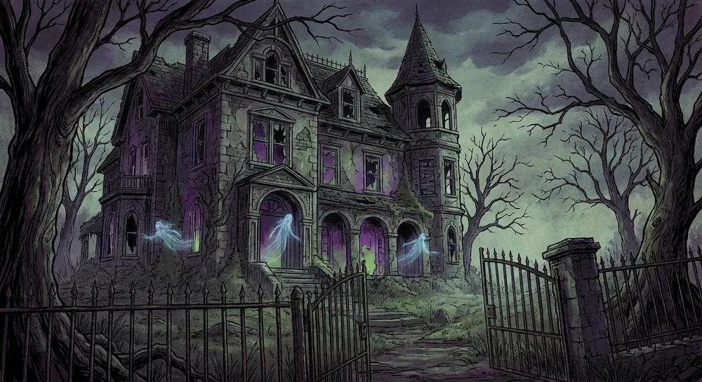 Dessin d'une vieille maison de style gothique abandonnée et hantée avec des spectres lumineux bleus flottant près de l'entrée derrière une barrière en fer forgé.