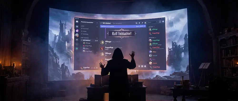 Silhouette d'un homme en robe de mage levant les mains devant un immense écran incurvé affichant l'interface Discord et un message de jet d'initiative pour un jeu de rôle.