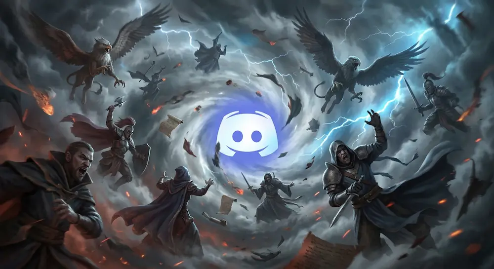 Peinture numérique montrant des chevaliers, des mages et des griffons pris dans une violente tempête avec des éclairs gravitant autour du logo Discord central.