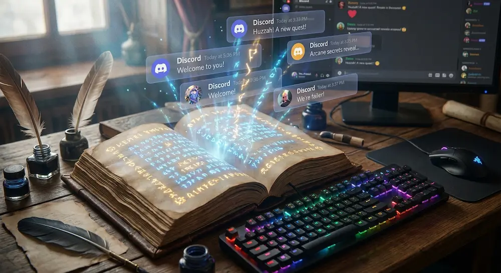 Un vieux livre de magie ouvert sur un bureau d'écriture projette des notifications holographiques Discord à côté d'un clavier d'ordinateur rétroéclairé moderne.