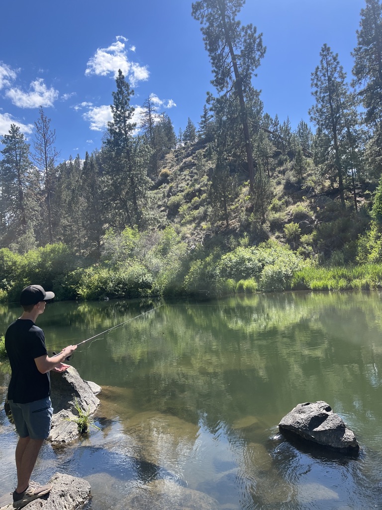 Person wearing a black shirt and cap fishing at a calm river surrounded by trees and rocks under a blue sky.