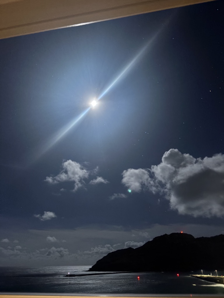Bright moon shining over a calm sea with scattered clouds and a dark coastal silhouette at night.