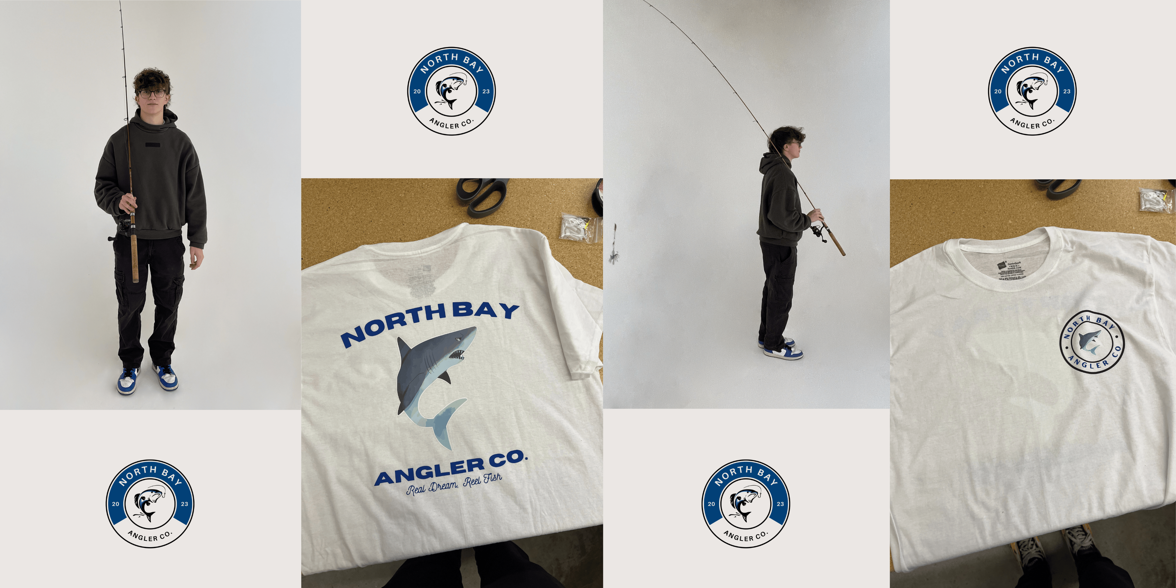 Young man in dark hoodie and pants holding a fishing rod and wearing blue and white sneakers, shown from front and side; white T-shirts with shark logo and 'NORTH BAY ANGLER CO.' text.
