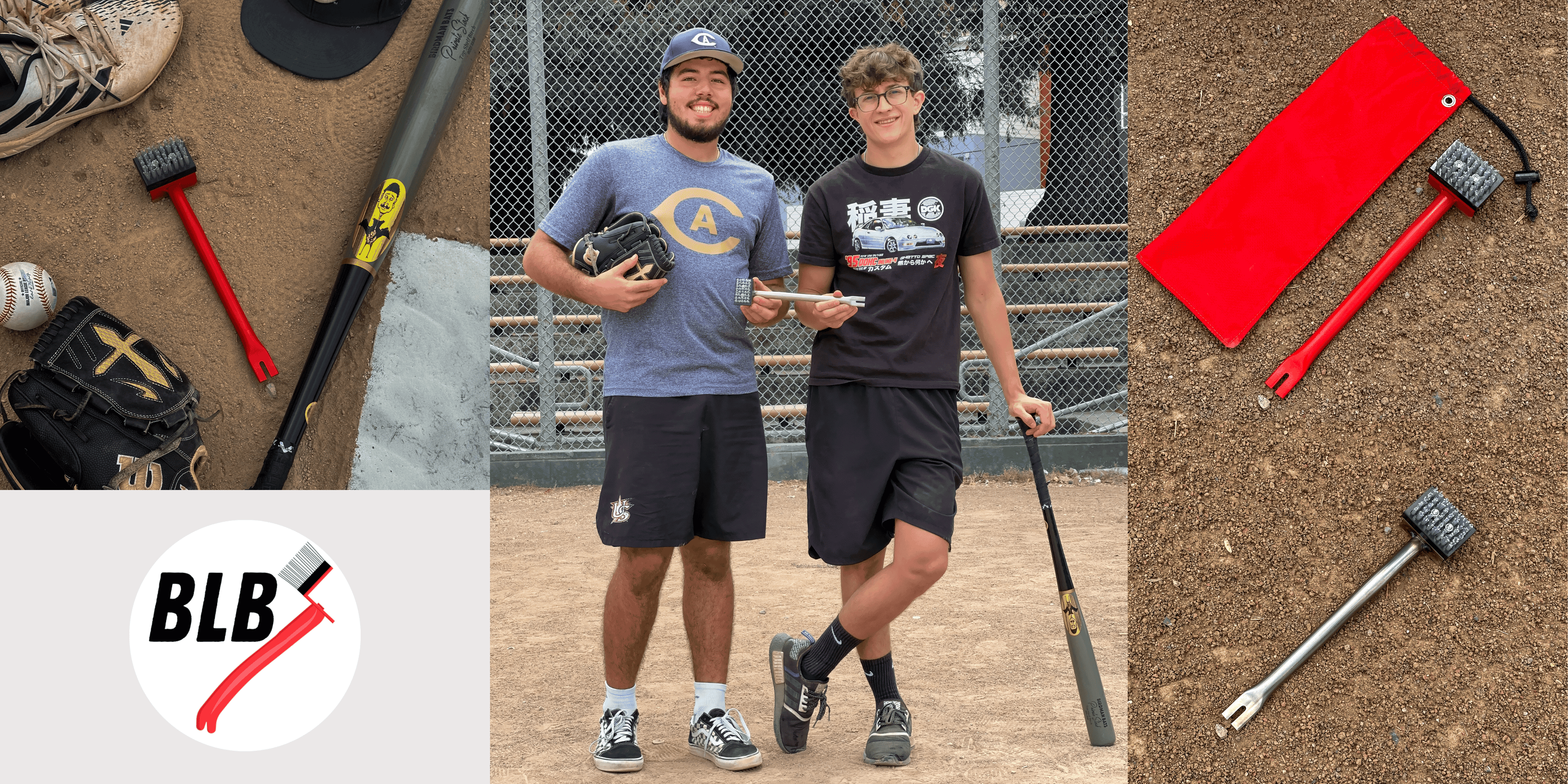 Two young men standing on a baseball field holding base cleaning brushes and a baseball bat, with baseball gear and the brushes displayed on the dirt around them.