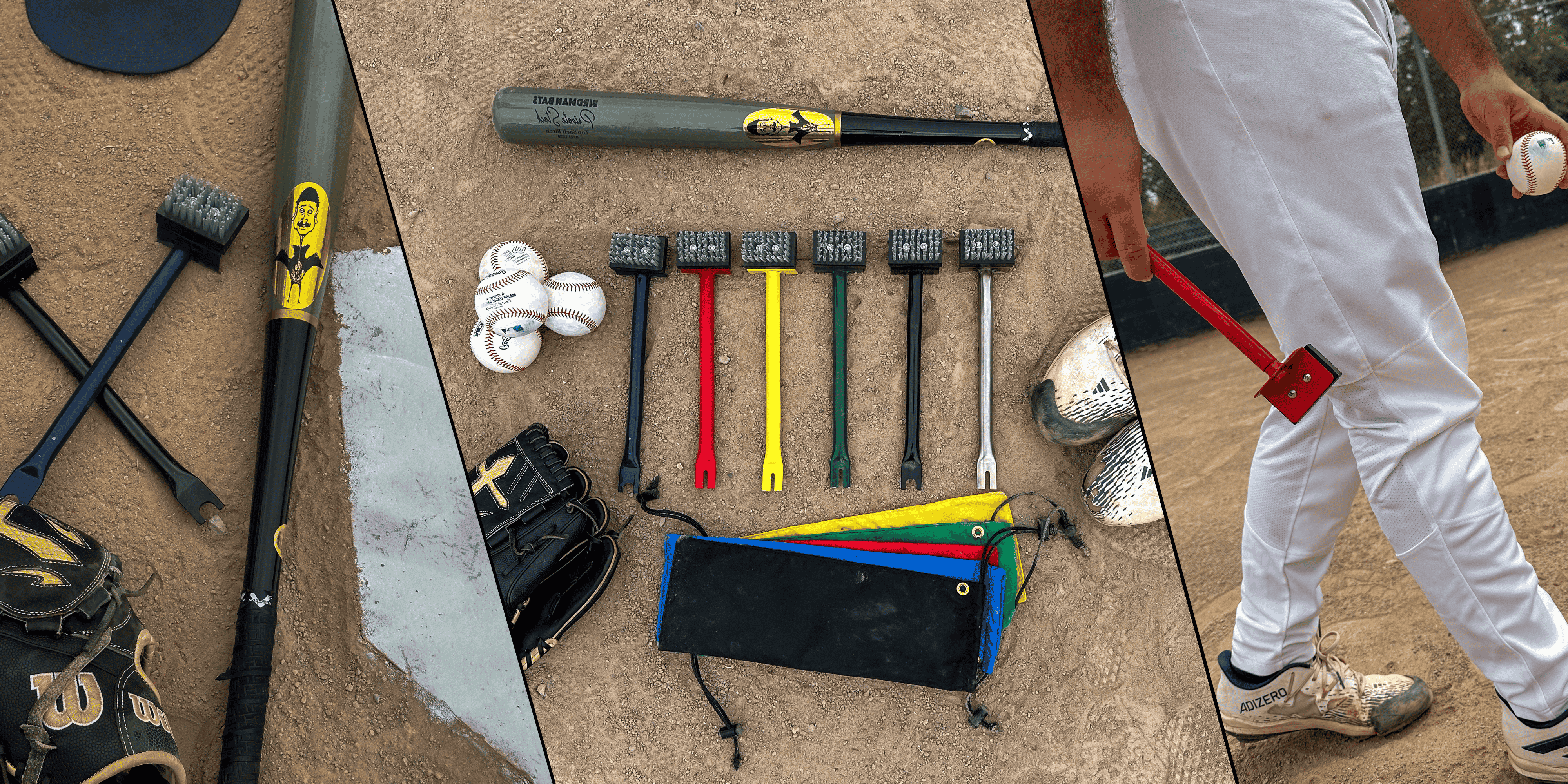 Baseball equipment including bats, balls, gloves, brushes, and colored bags laid out on a dirt field, with a player holding a brush and a baseball.