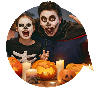 Kid with teacher dressed up for halloween.