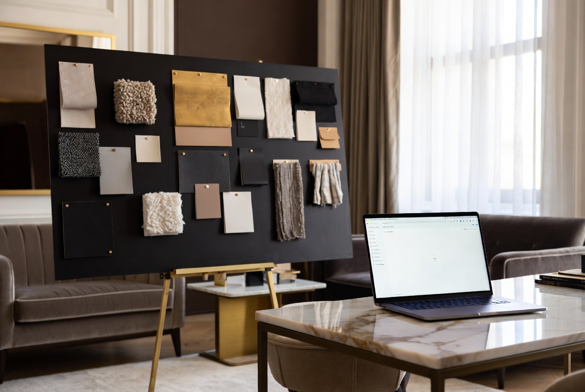 A refined interior design studio with minimalist furniture, geometric details, and ambient lighting—embodying the elevated aesthetic of luxury brands. This image complements insights from “The Complete SEO Guide for Luxury Brands,” illustrating how a polished digital presence supports discoverability, authority, and prestige through strategic SEO.