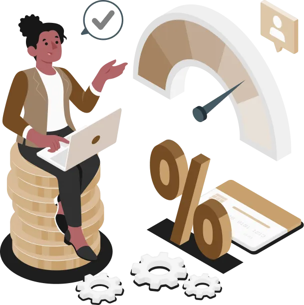 a woman sitting on a stack of coins with a laptop