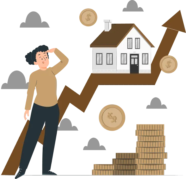 a woman standing next to a house and stacks of coins