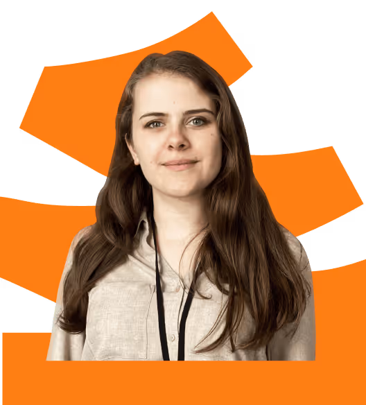 Young woman with long brown hair wearing a beige shirt and black lanyard, against an abstract orange background.