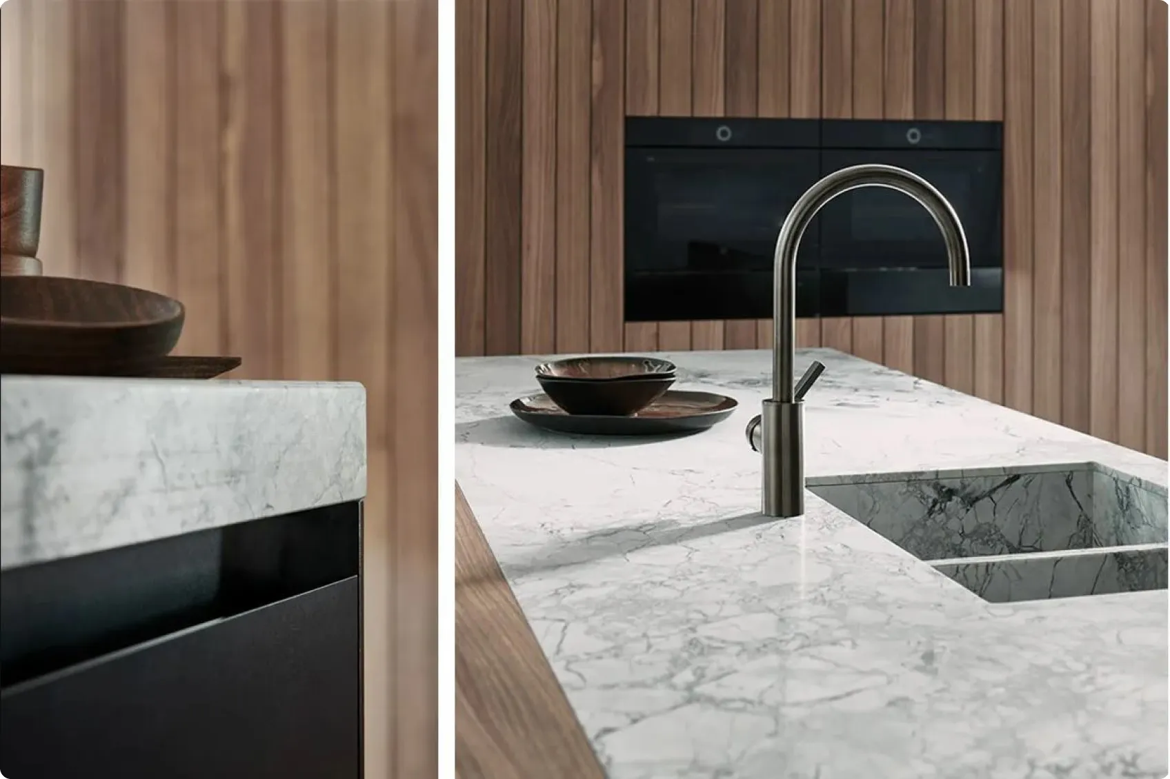 Cuisine de luxe Tours acier inox noir, facade lame bois massif et plan marbre blanc véiné
