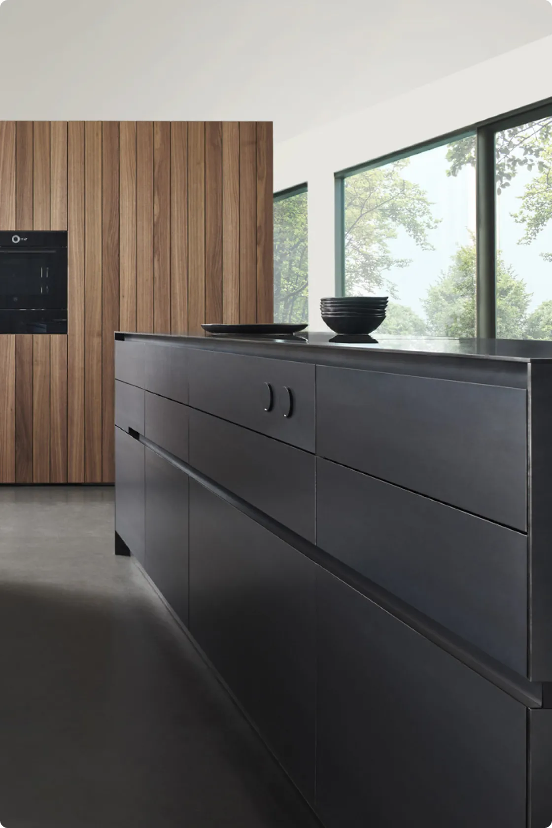 Cuisine de Prestige Touraine Acier noir - Armoire placage bois - plan de travail granit quartzite Bianco Nuvola
