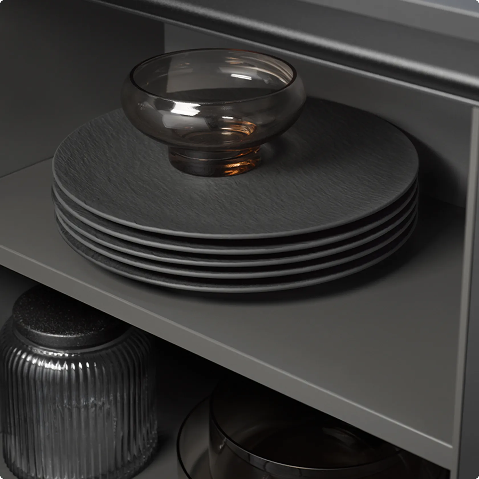 Cuisine chic épurée tendance Notre-Dame-D'Oé, rangement de vaisselle - Armoire haute placage bois véritable noyer et chêne massif mélaminé - plan de travail noir