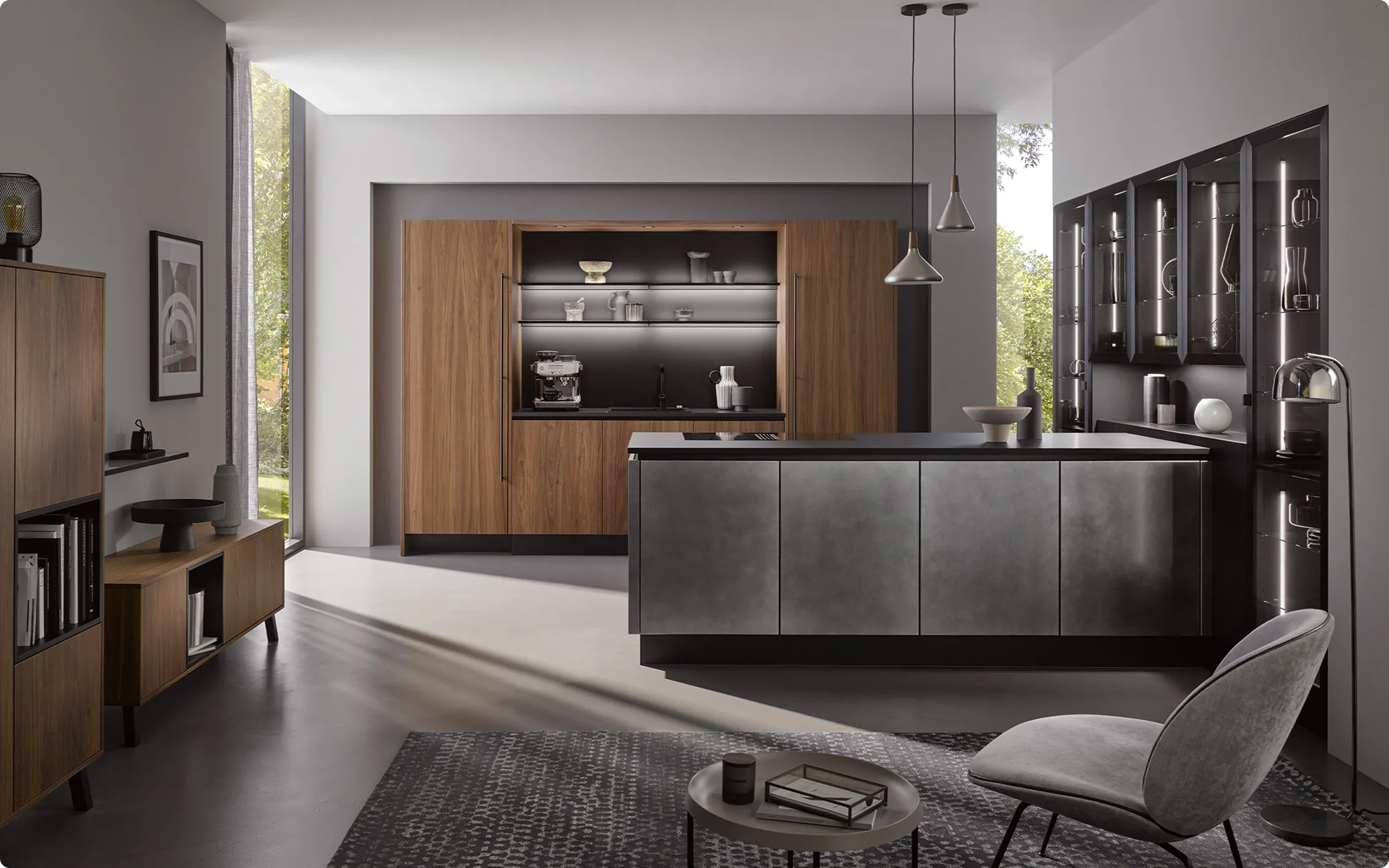 Cuisine Haut de gamme - Tours Nord, facade aspect metalic métalique gris et facade noyer véritable mélaminé et plan stratifié Fénix nano noir