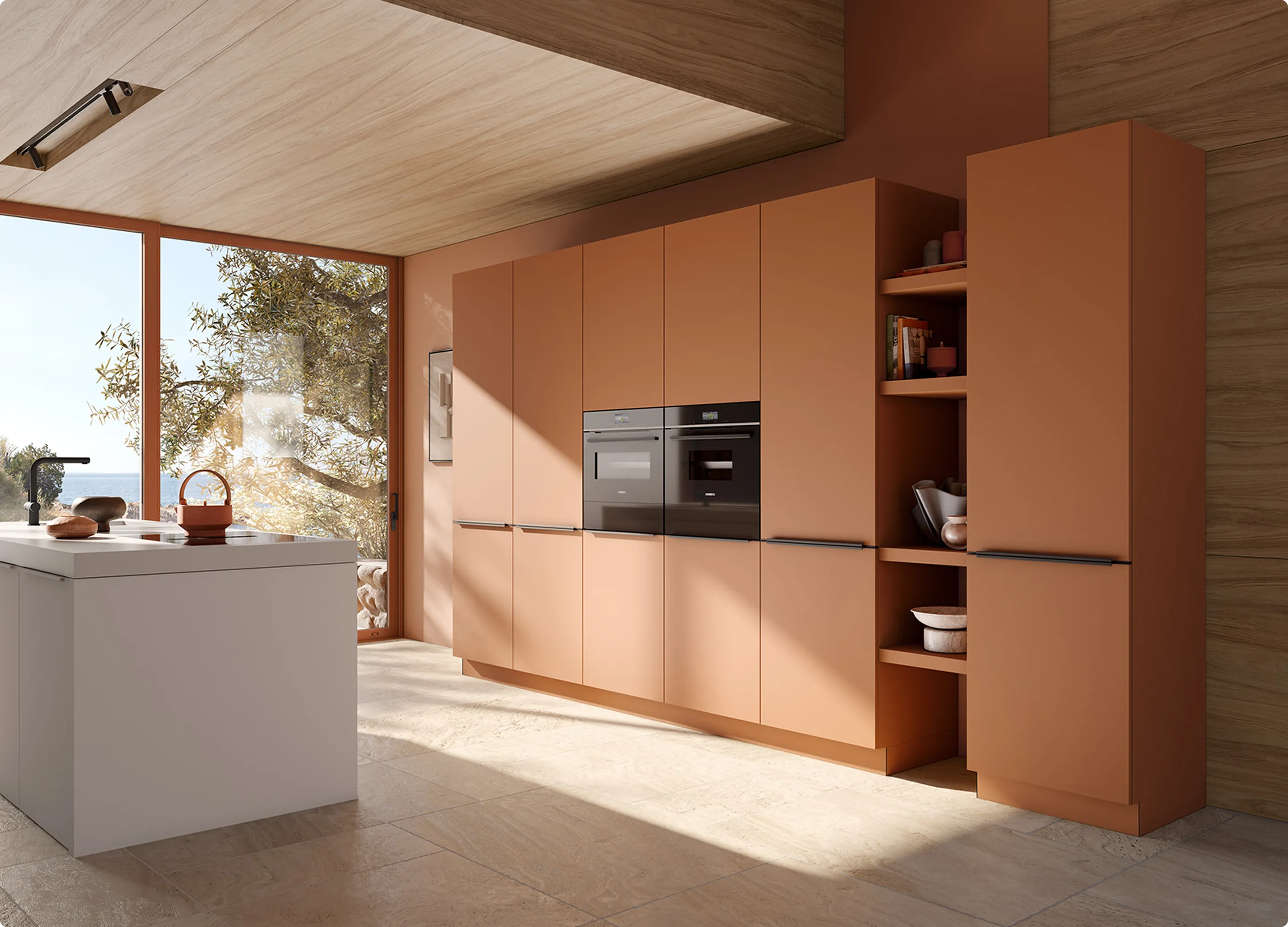 Agencement qualité supérieur Vouvray facade orange - Terracotta en armoire avec niche et meuble blanc - plan de travail blanc nano fénix stratifié