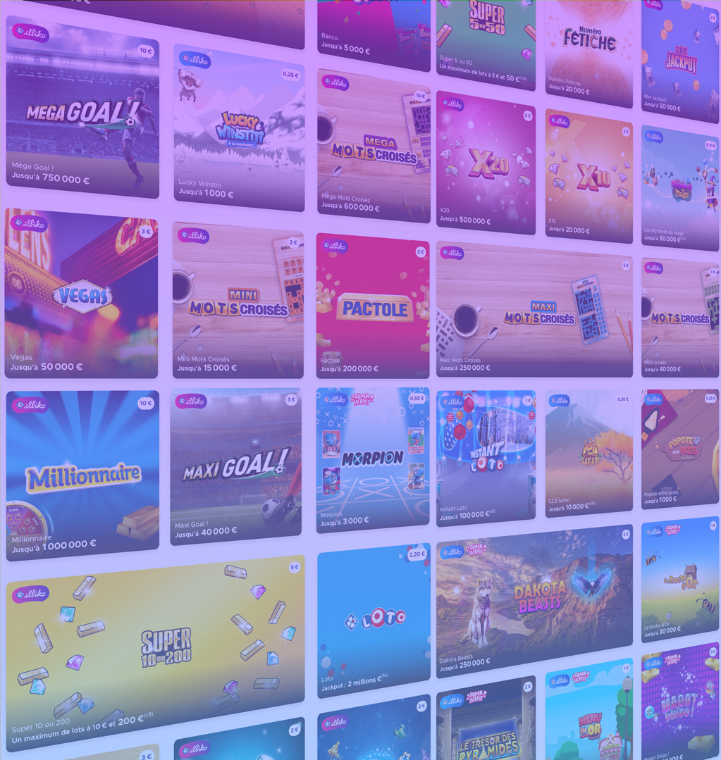 Grille de tickets à gratter Illiko avec différents jeux et gains maximums indiqués, allant de 1 000 € à 1 000 000 €.